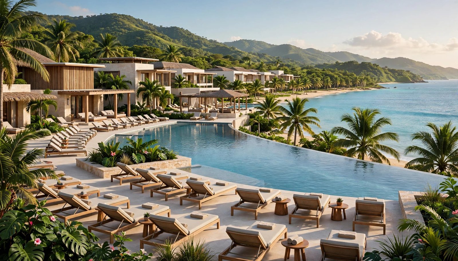 Illustrative luxury beachfront setting in Jamaica, with an infinity pool, palms, turquoise water, and green hills beyond.