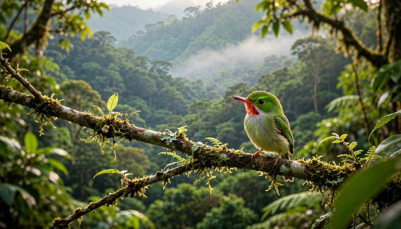 A colorful Jamaican tody perched on a branch above a green mountain forest.