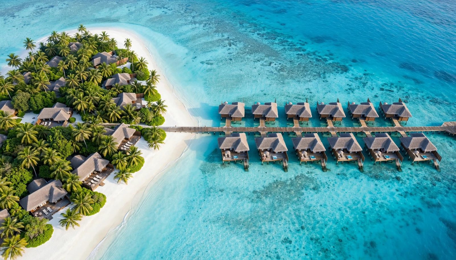 Aerial view of a Maldives resort island with beach villas and overwater bungalows.