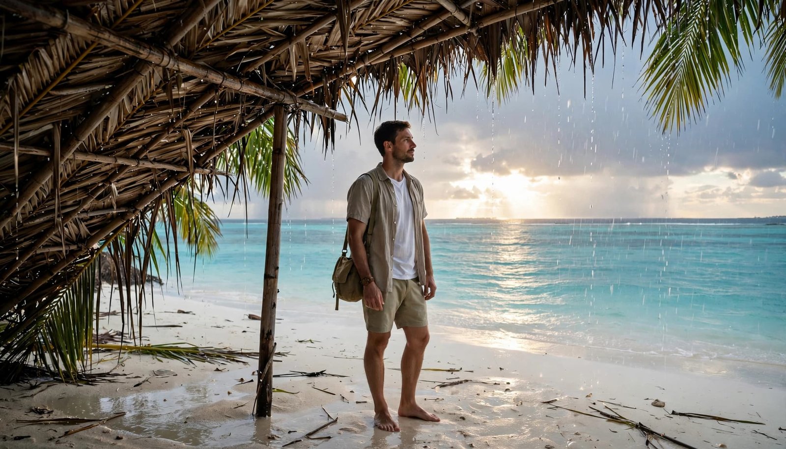 A traveler stands under a palm-frond shelter on a white-sand beach during a tropical shower.