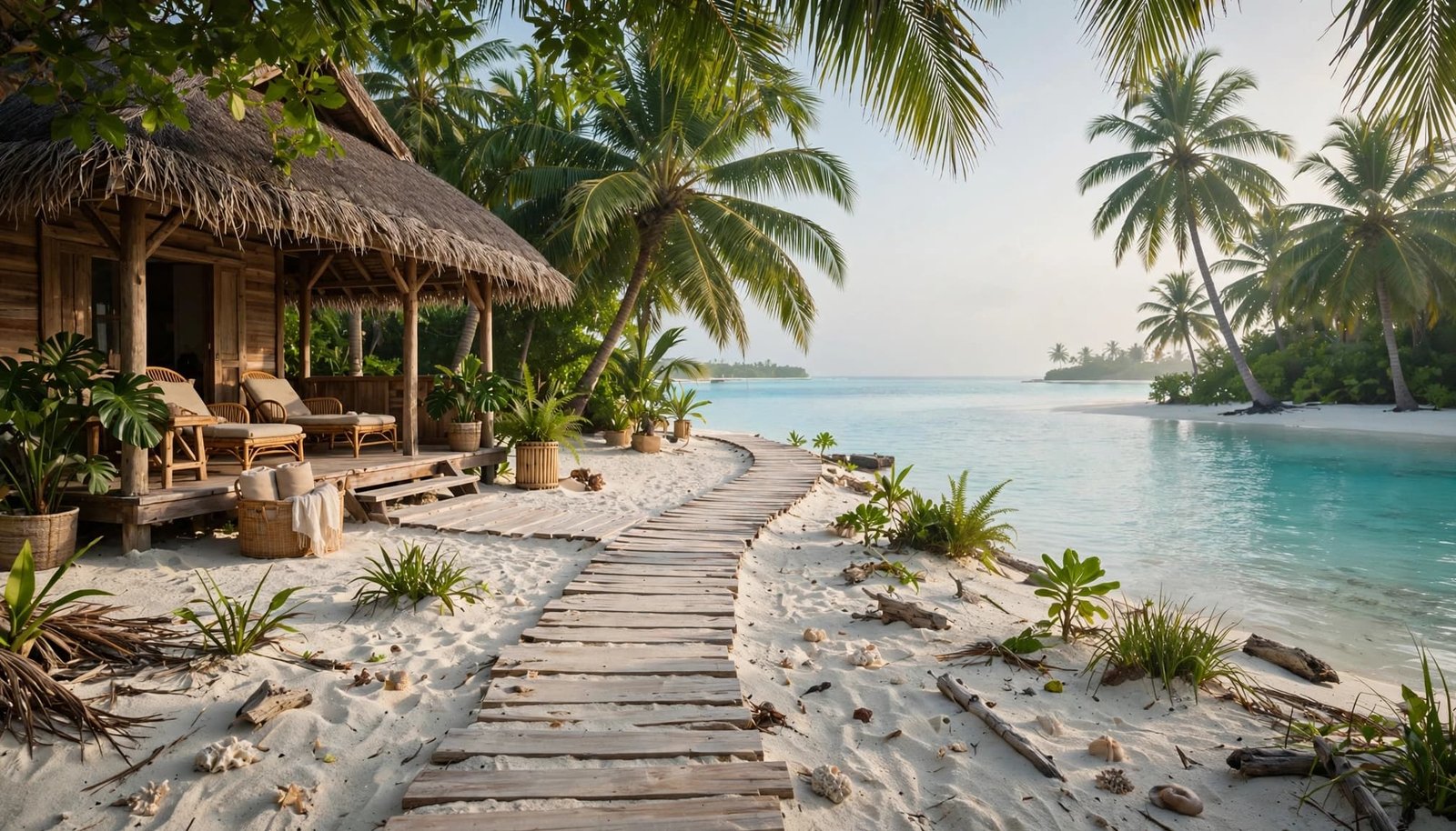 A wooden beach villa in the Maldives with a pathway leading to a turquoise lagoon.