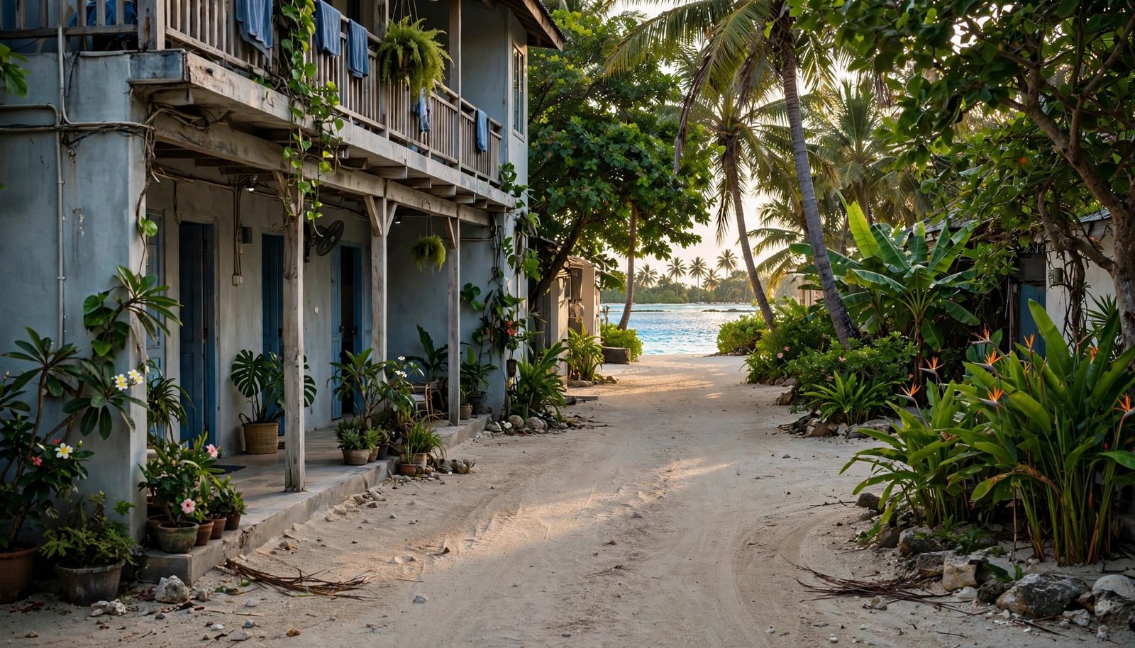 A sandy lane beside a modest guesthouse leading to a bright lagoon with palm trees.