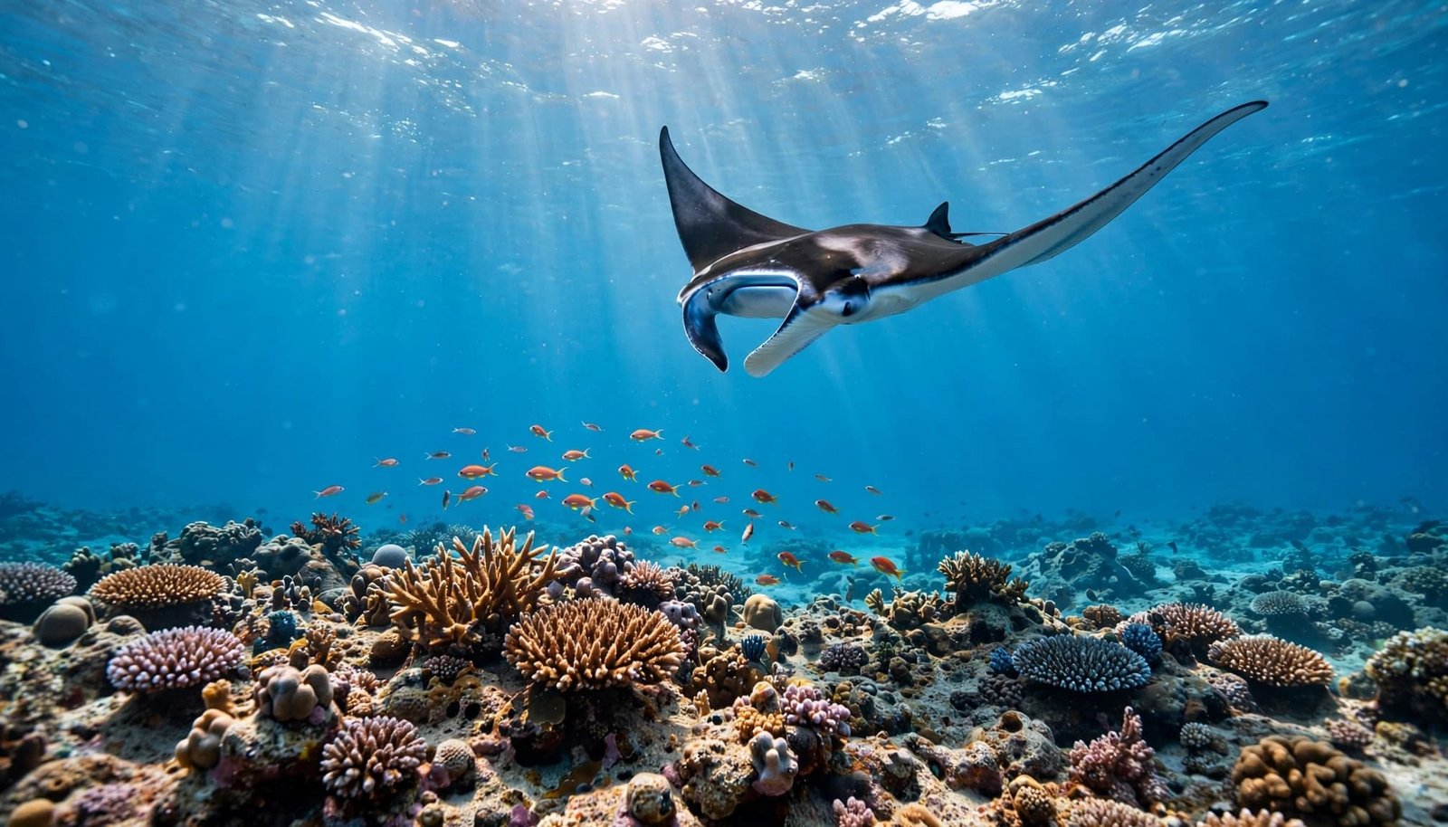 A graceful manta ray glides over a coral reef with a small school of tropical fish in clear blue water.