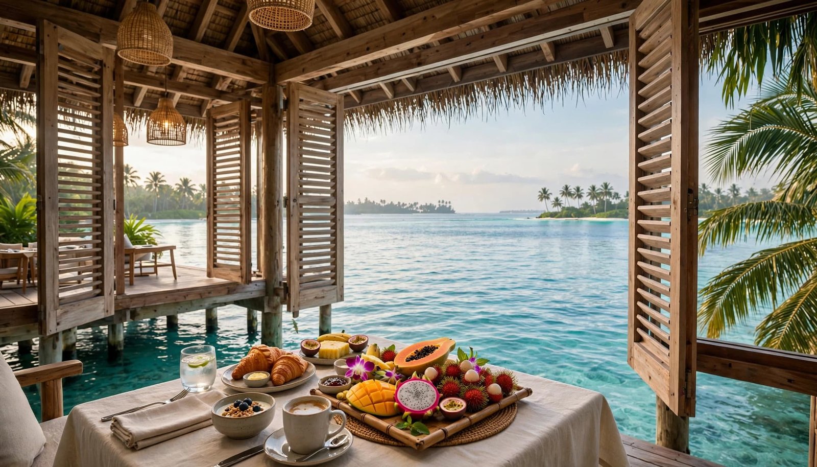 A table set with tropical fruit and breakfast items overlooking the ocean in the Maldives.