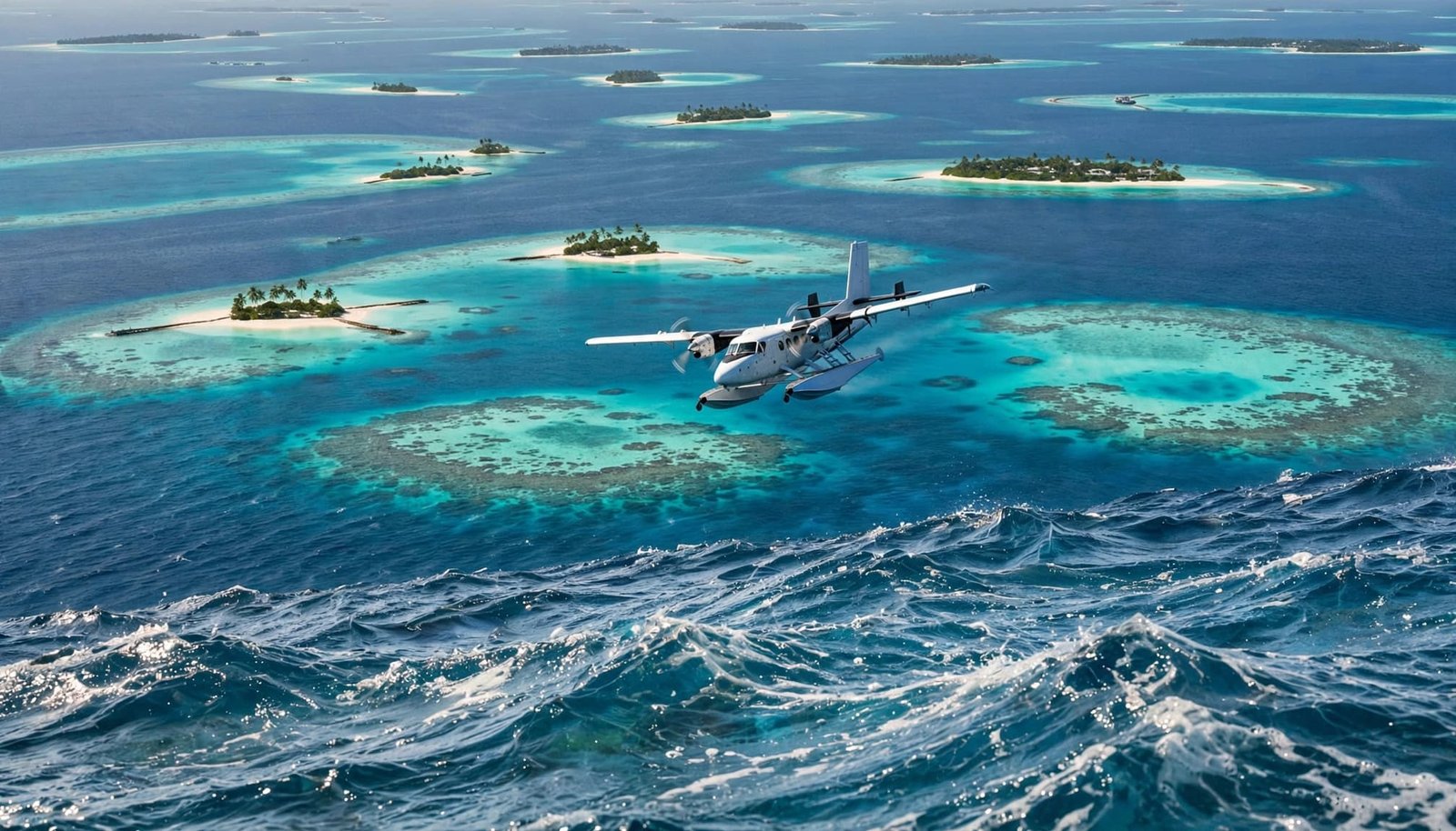 A seaplane flying over turquoise lagoons and coral atolls in the Maldives.