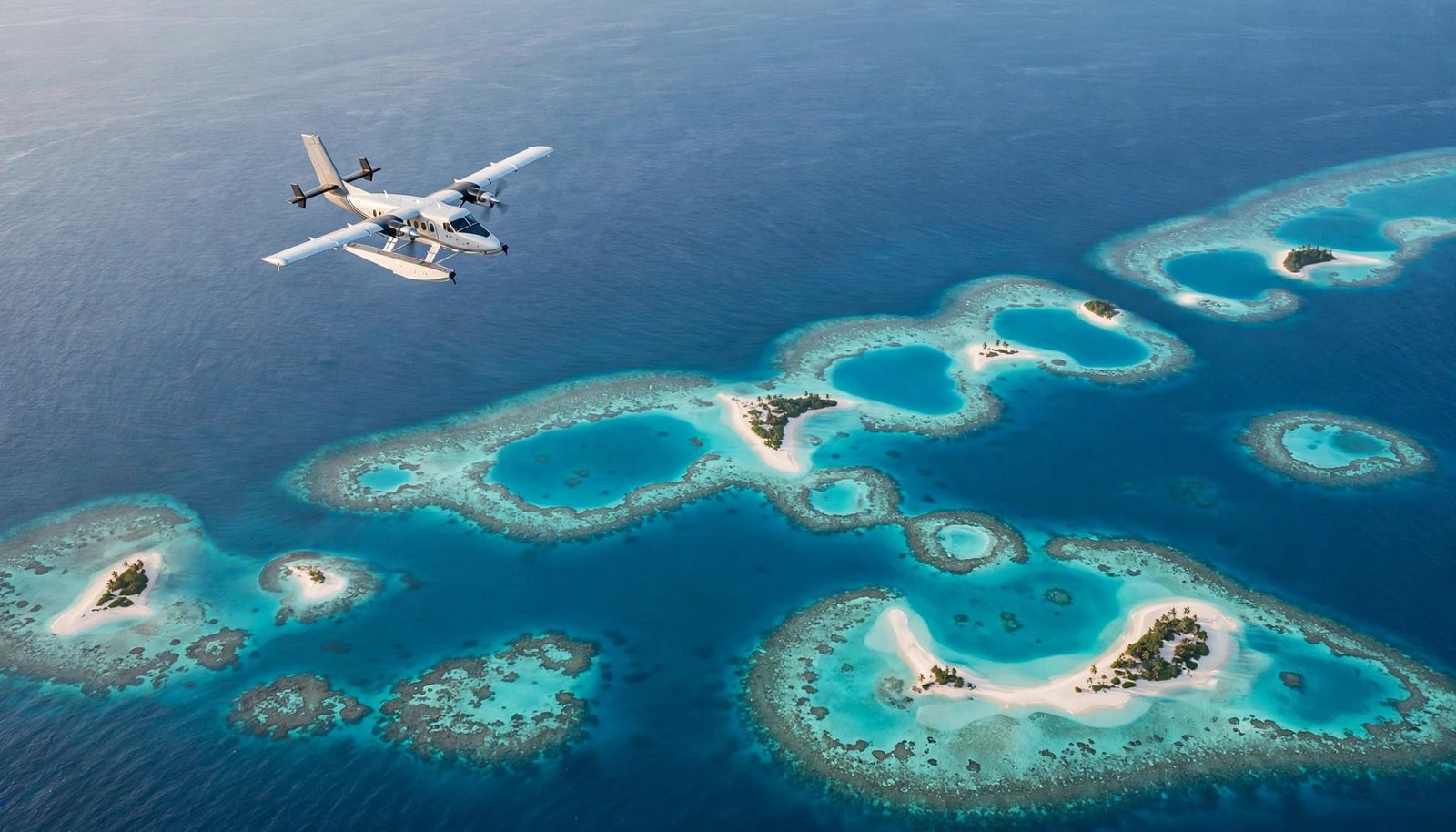 A seaplane flies over turquoise lagoons and white sand islands in the Maldives.