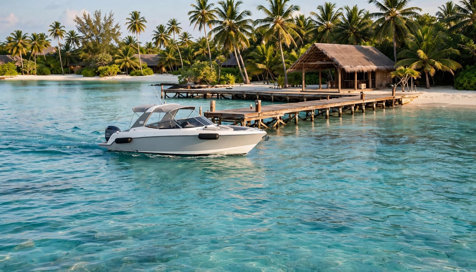 A speedboat nears a wooden jetty beside a palm-lined island resort.