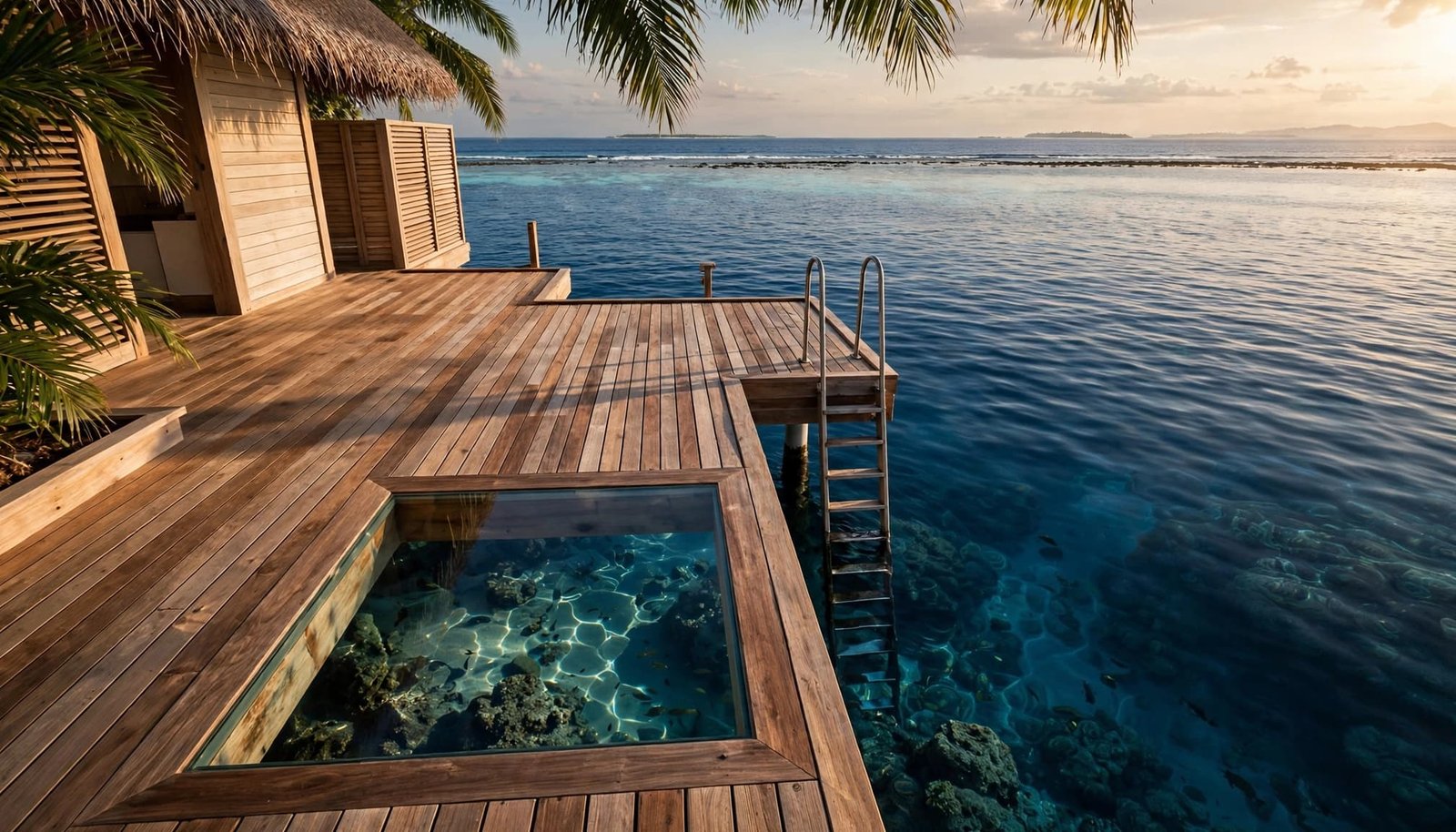 A wooden overwater villa deck with a glass floor panel and a ladder descending into clear blue lagoon water.