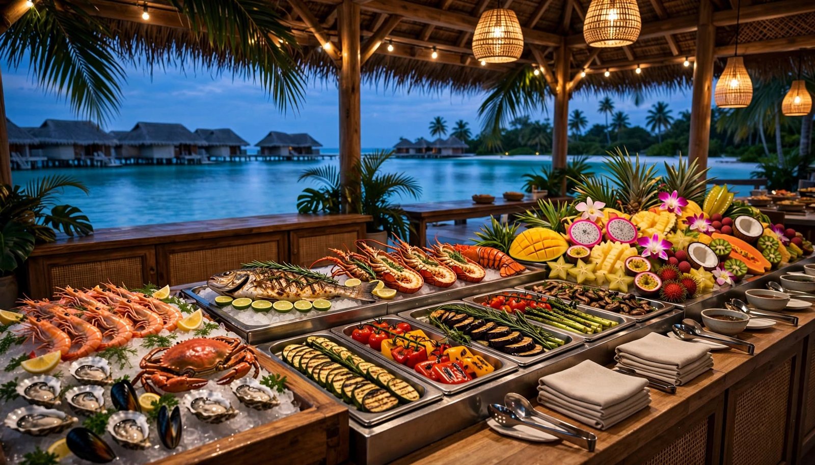 A luxurious resort buffet with seafood, grilled vegetables, and tropical fruit overlooking a lagoon at dusk.