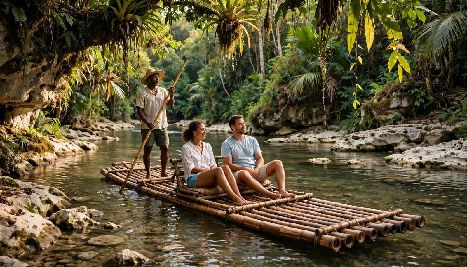 A man poles a bamboo raft carrying two passengers down a tropical river.