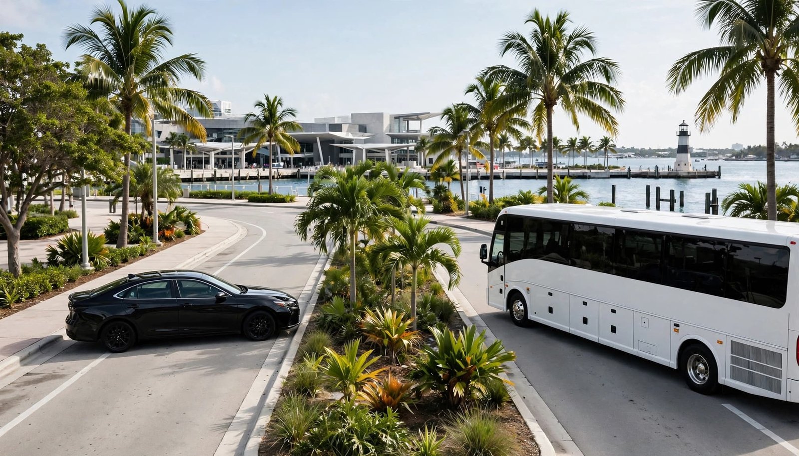 A black sedan and a white shuttle bus parked near a tropical harbor with palm trees.