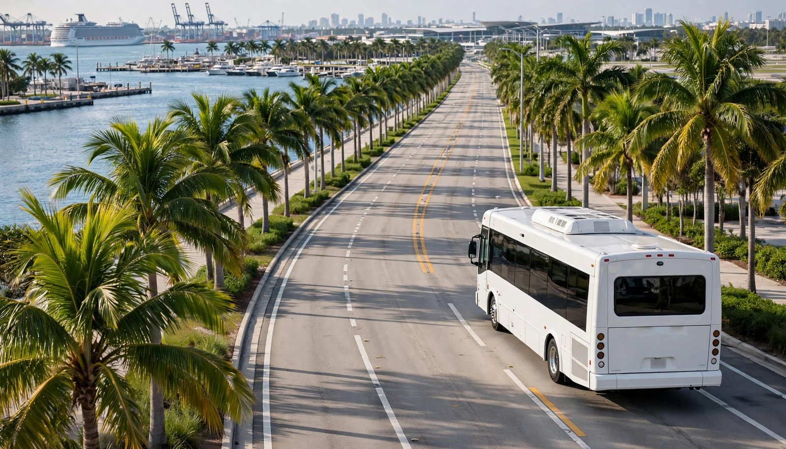 A white shuttle bus drives along a palm-lined road near a harbor with a cruise ship in the distance.