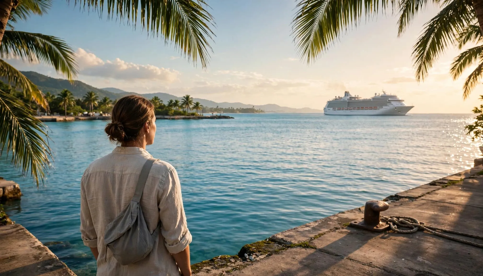 A person viewed from behind stands on a quay looking at a cruise ship in a tropical bay.