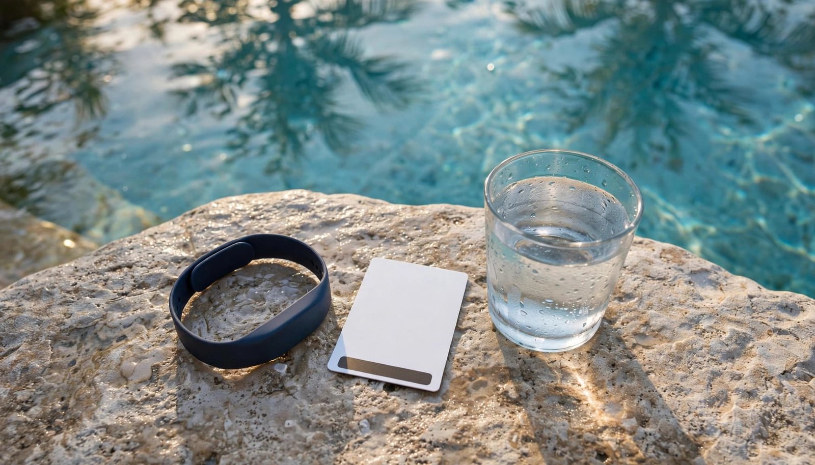 A blue wristband, blank key card, and glass of water on a stone ledge by a pool.