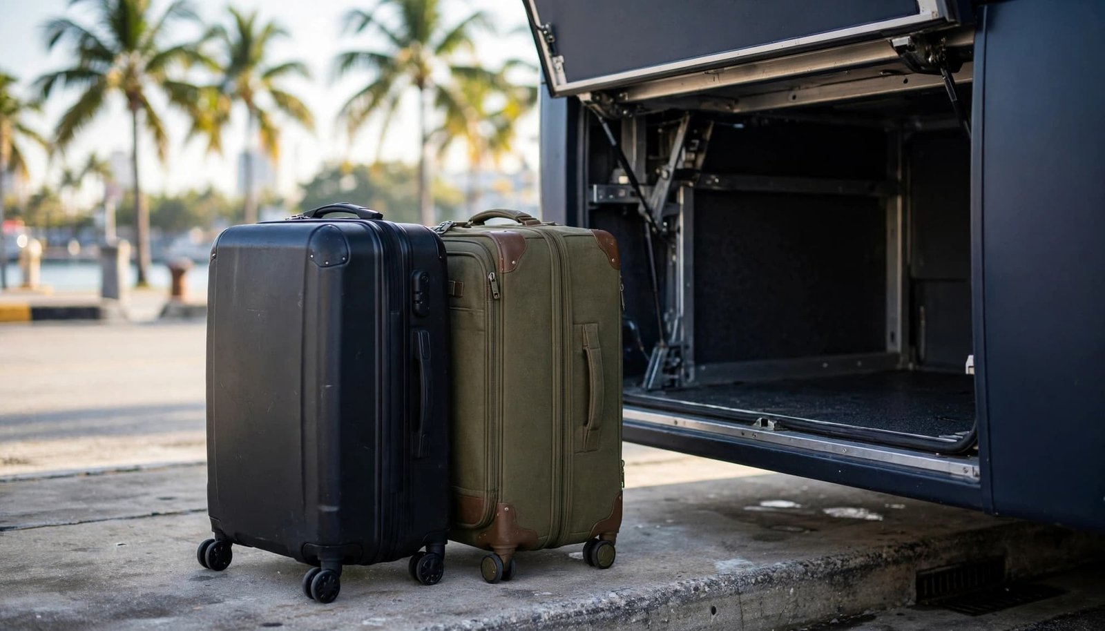 Two rolling suitcases stand beside the open luggage compartment of a bus with palm trees in the background.