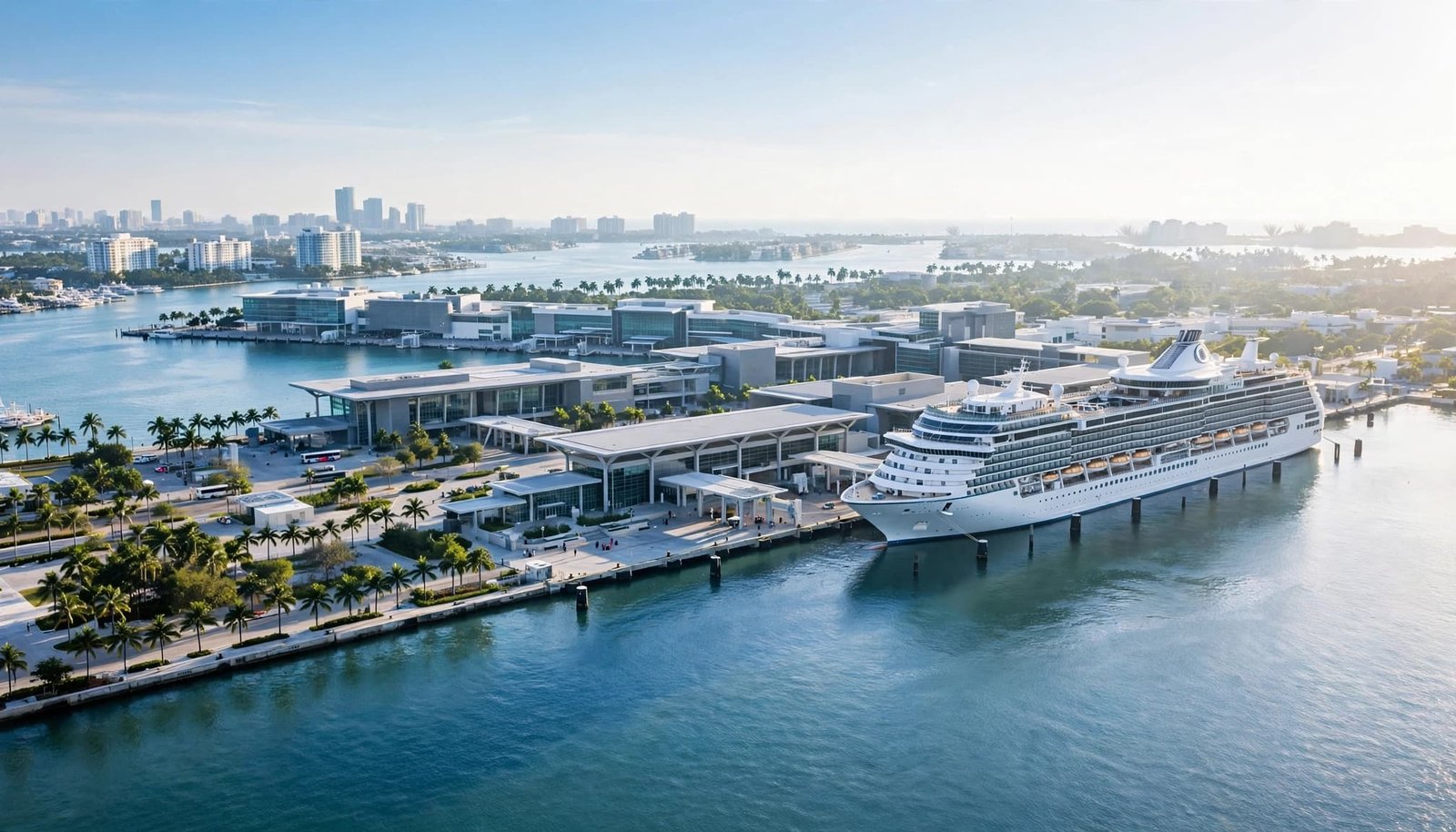An aerial view of a large white cruise ship docked at a modern passenger terminal with palm trees along the waterfront.