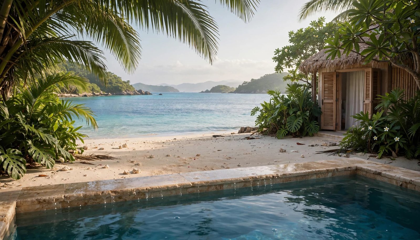 A quiet Caribbean shoreline beside a secluded villa pool, with pale sand, turquoise sea, and palm shade across the waterfront.