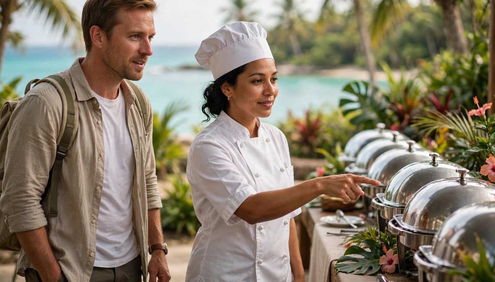 A traveler and a resort chef stand beside an outdoor buffet overlooking the sea.