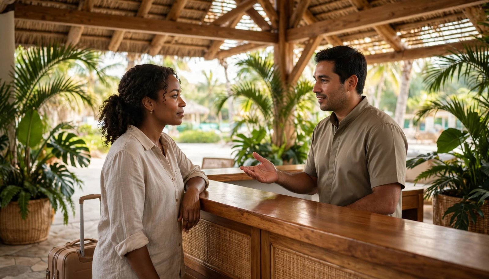 A guest and a desk clerk talking at a wooden reception counter in an open-air resort lobby.