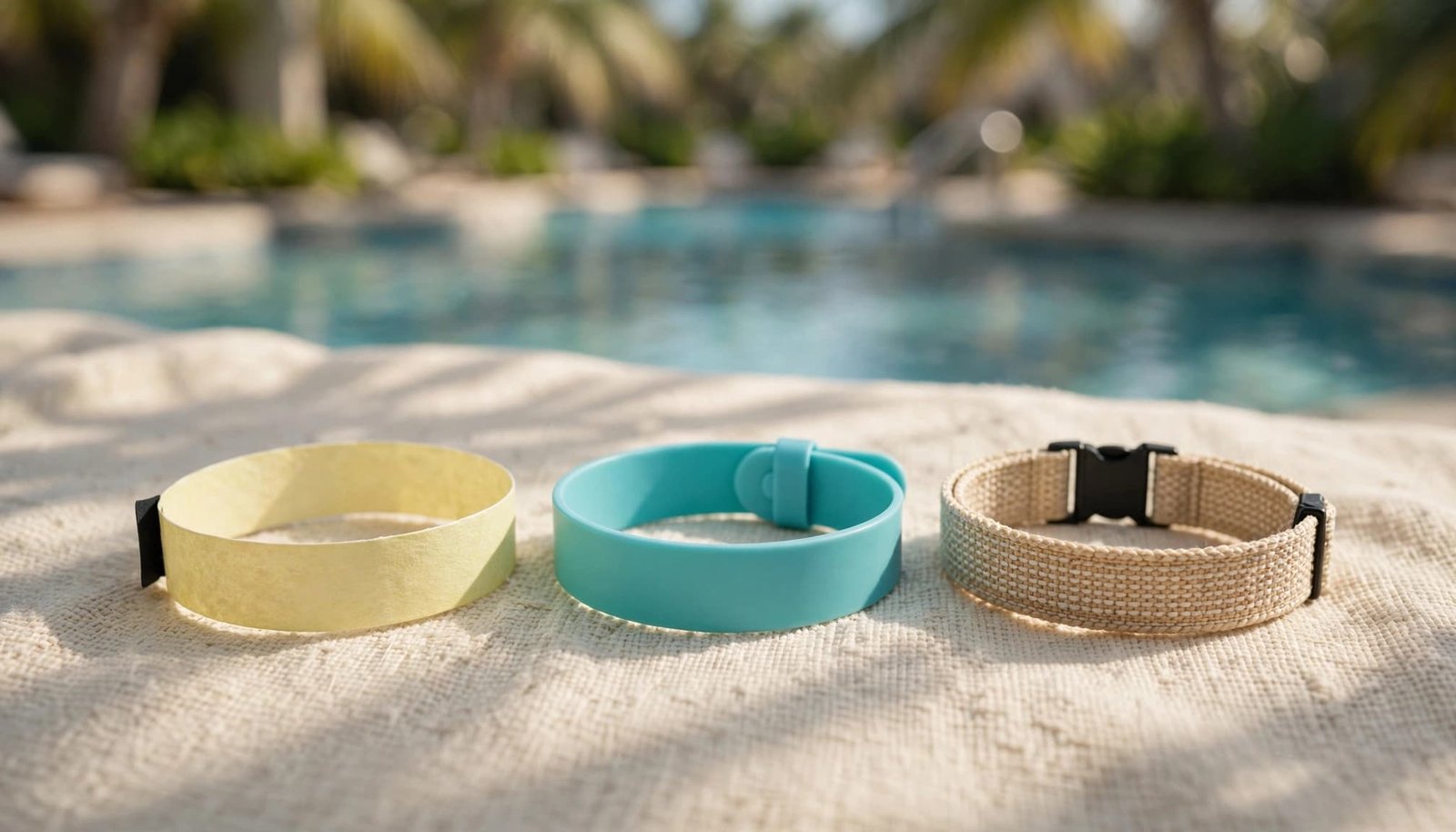 Three different resort wristbands laid on a towel by a pool.
