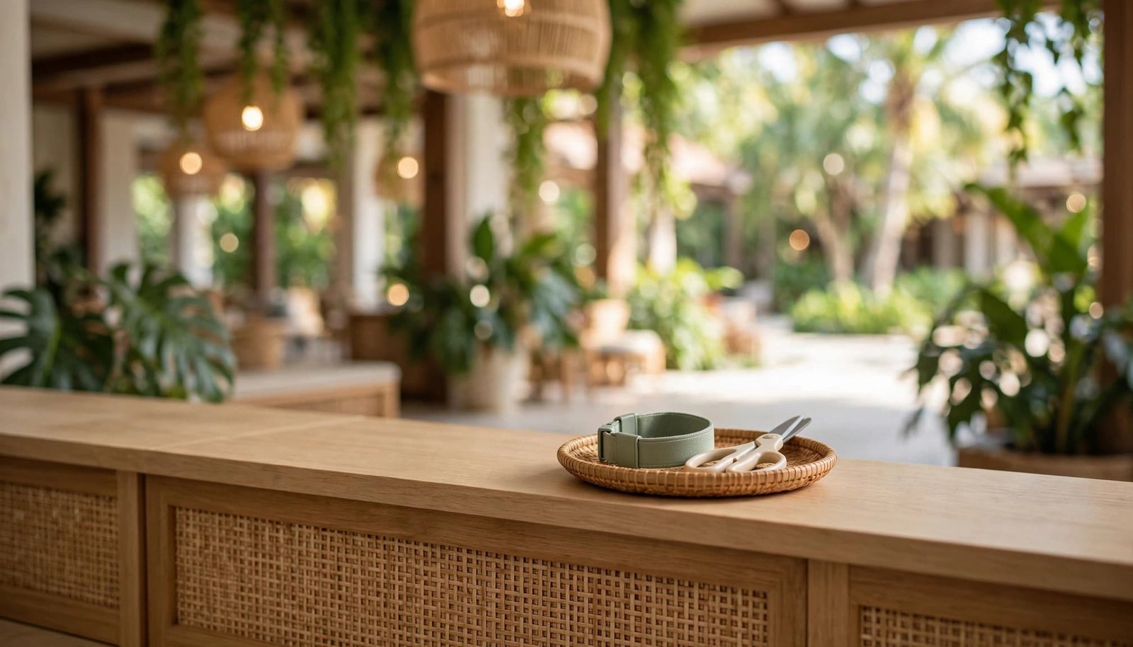 A wristband and safety scissors on a tray atop a wooden resort reception counter.
