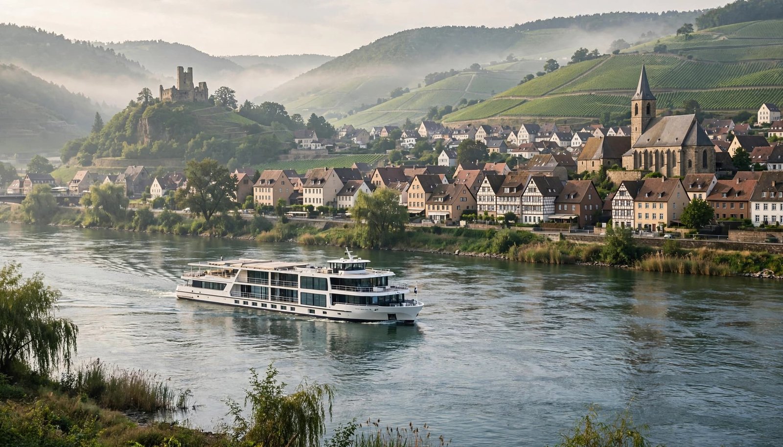 A small cruise vessel passes a historic town on the calm Rhine.