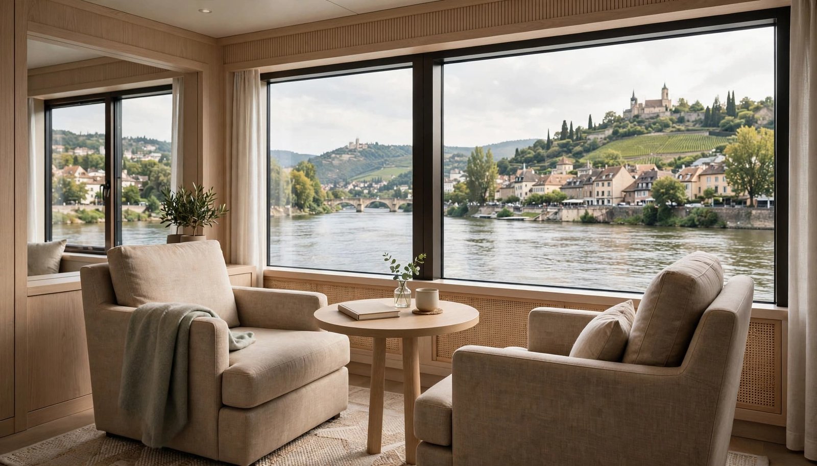 Two chairs and a small table face wide windows overlooking a river.