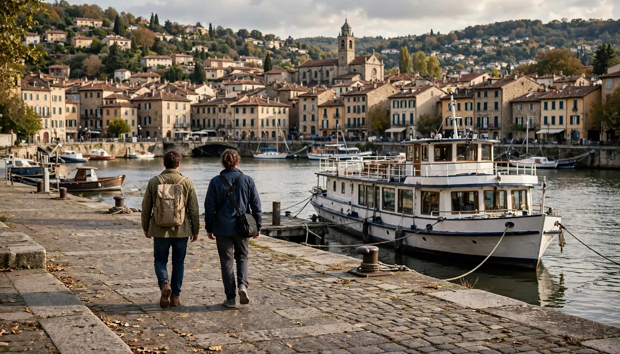 Two travelers walk along a quay beside a small river cruise ship and historic town.