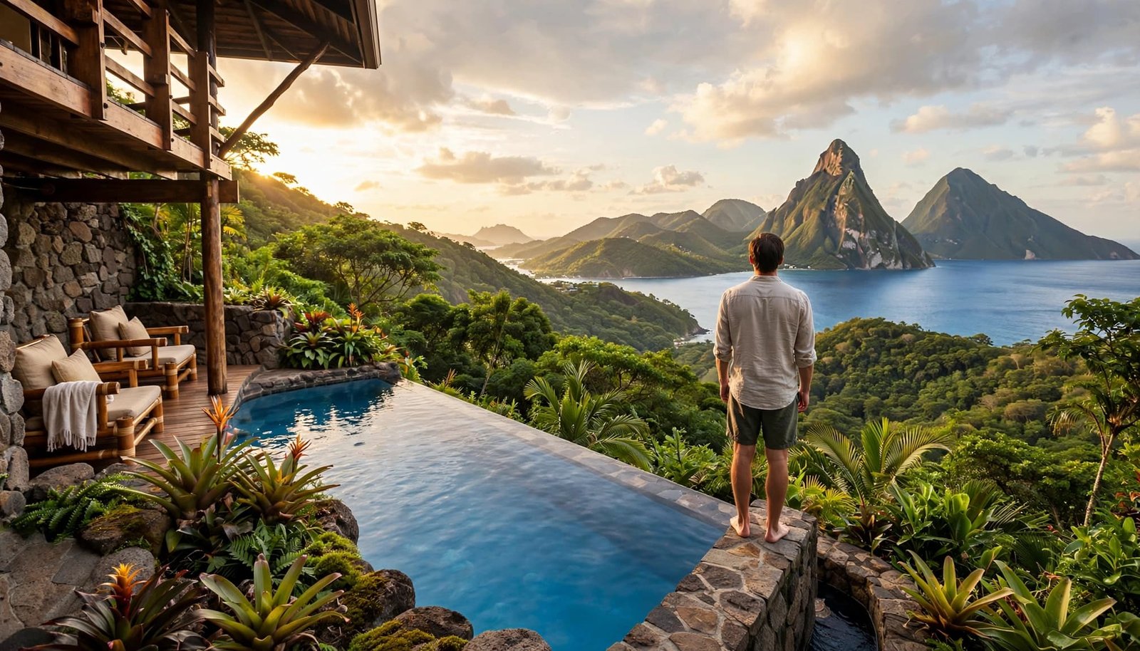 A person standing by an infinity pool overlooking lush green mountains and the sea at sunset.