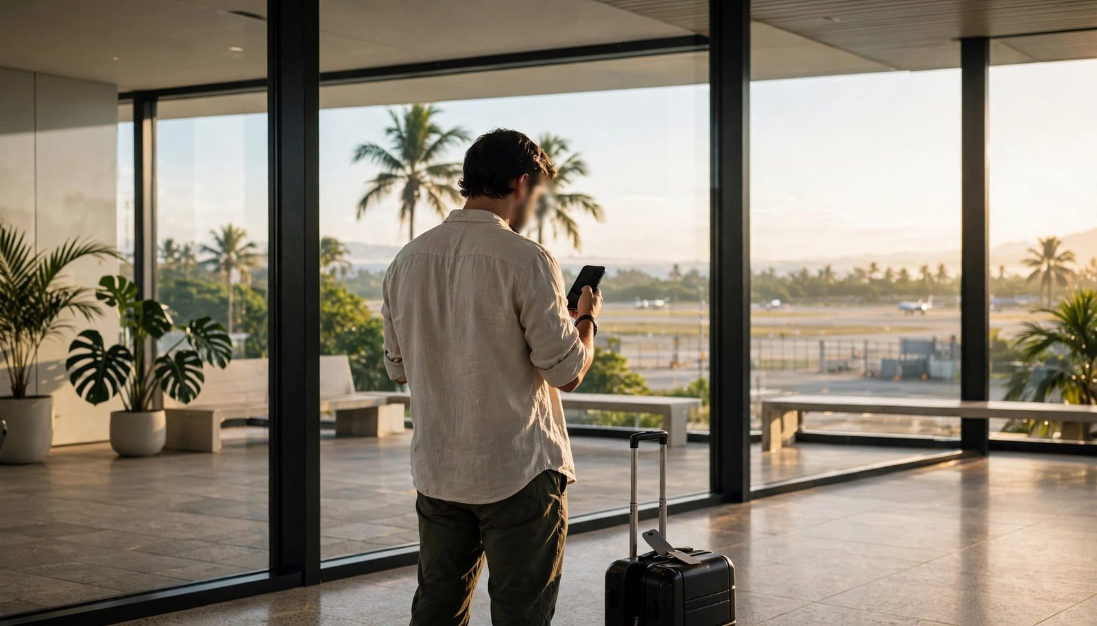 A traveler checks a phone beside a suitcase near a window overlooking palm trees and a runway.