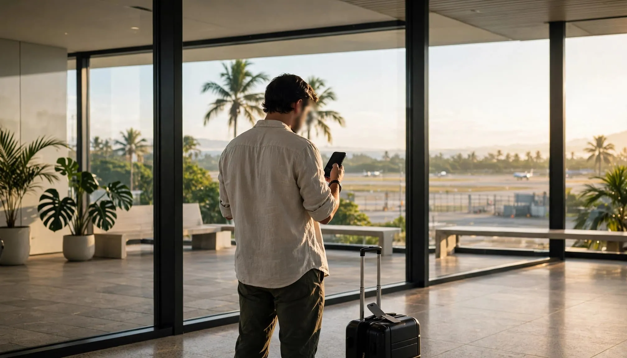 A traveler checks a phone beside a suitcase near a window overlooking palm trees and a runway.
