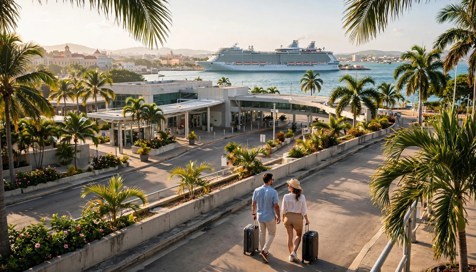 A couple with suitcases walks toward a terminal, with a cruise ship across the harbor.