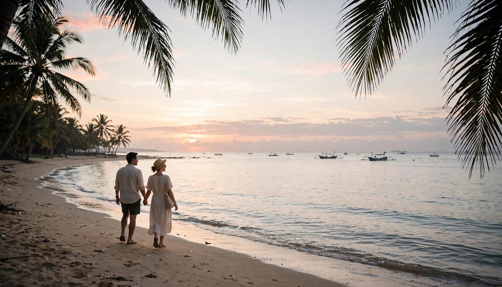 A couple walking hand-in-hand along a tropical beach at sunrise with boats in the distance.