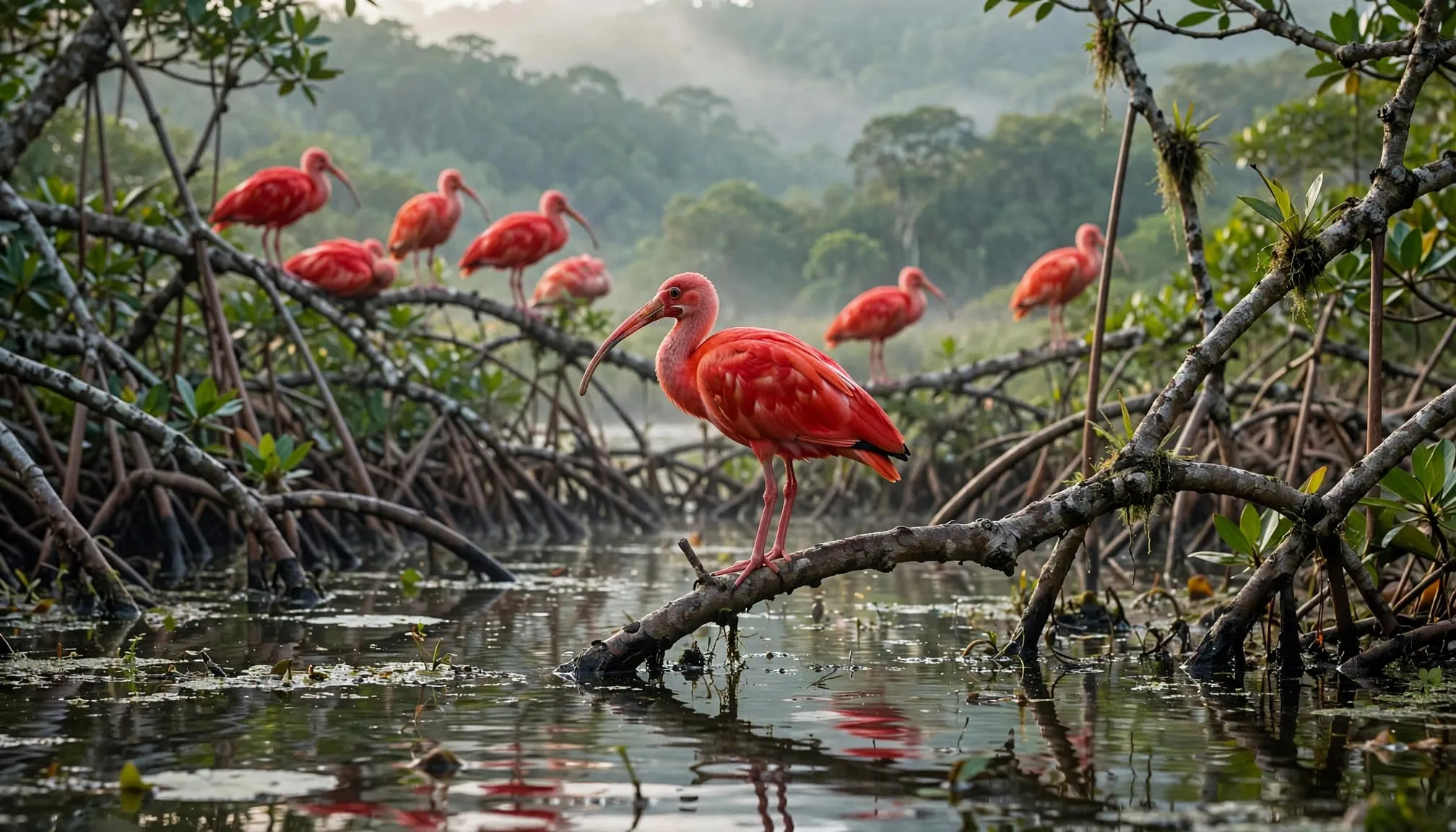 Scarlet ibises perch in mangroves above calm water and distant hills.