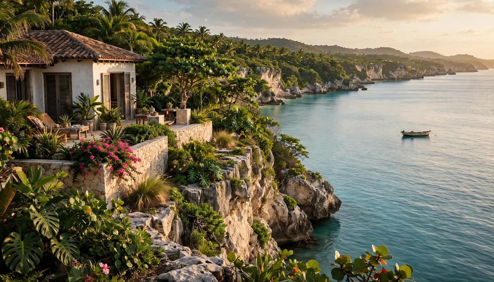 A secluded Caribbean clifftop villa overlooks a turquoise bay, with limestone coastline, tropical greenery, and one distant boat.