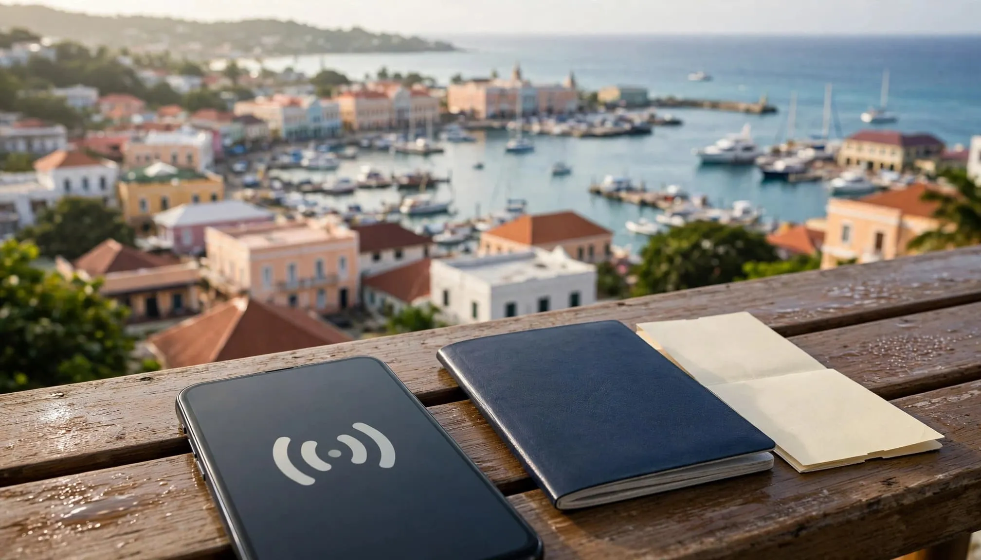 A smartphone, passport, and boarding pass sit on a balcony table above Bridgetown harbor.
