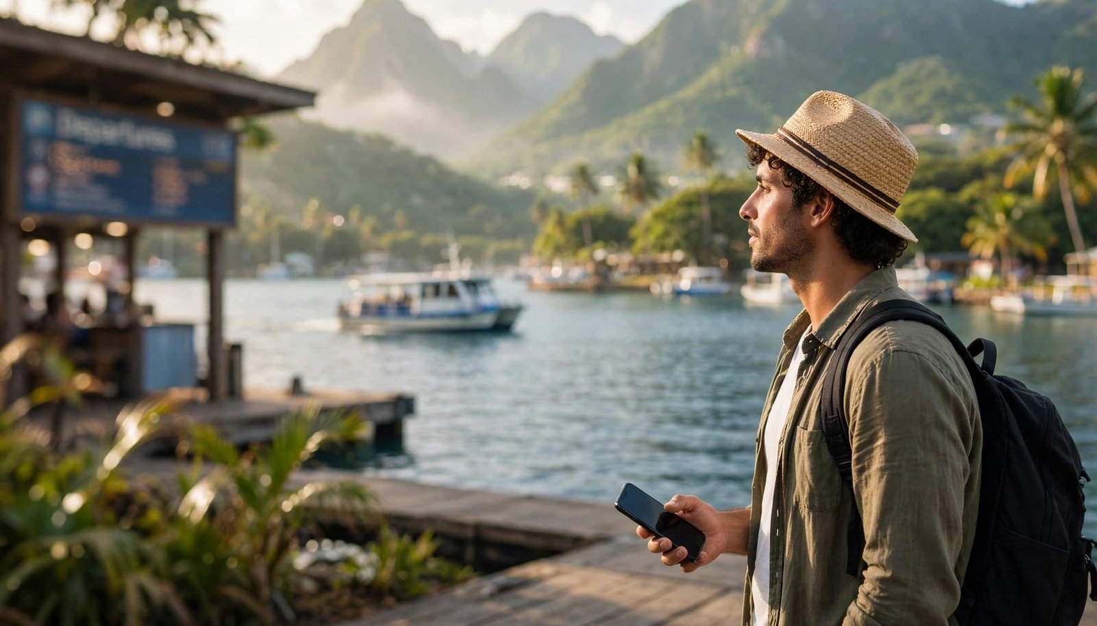 A traveler with a phone looks toward a small ferry across a Caribbean harbor.