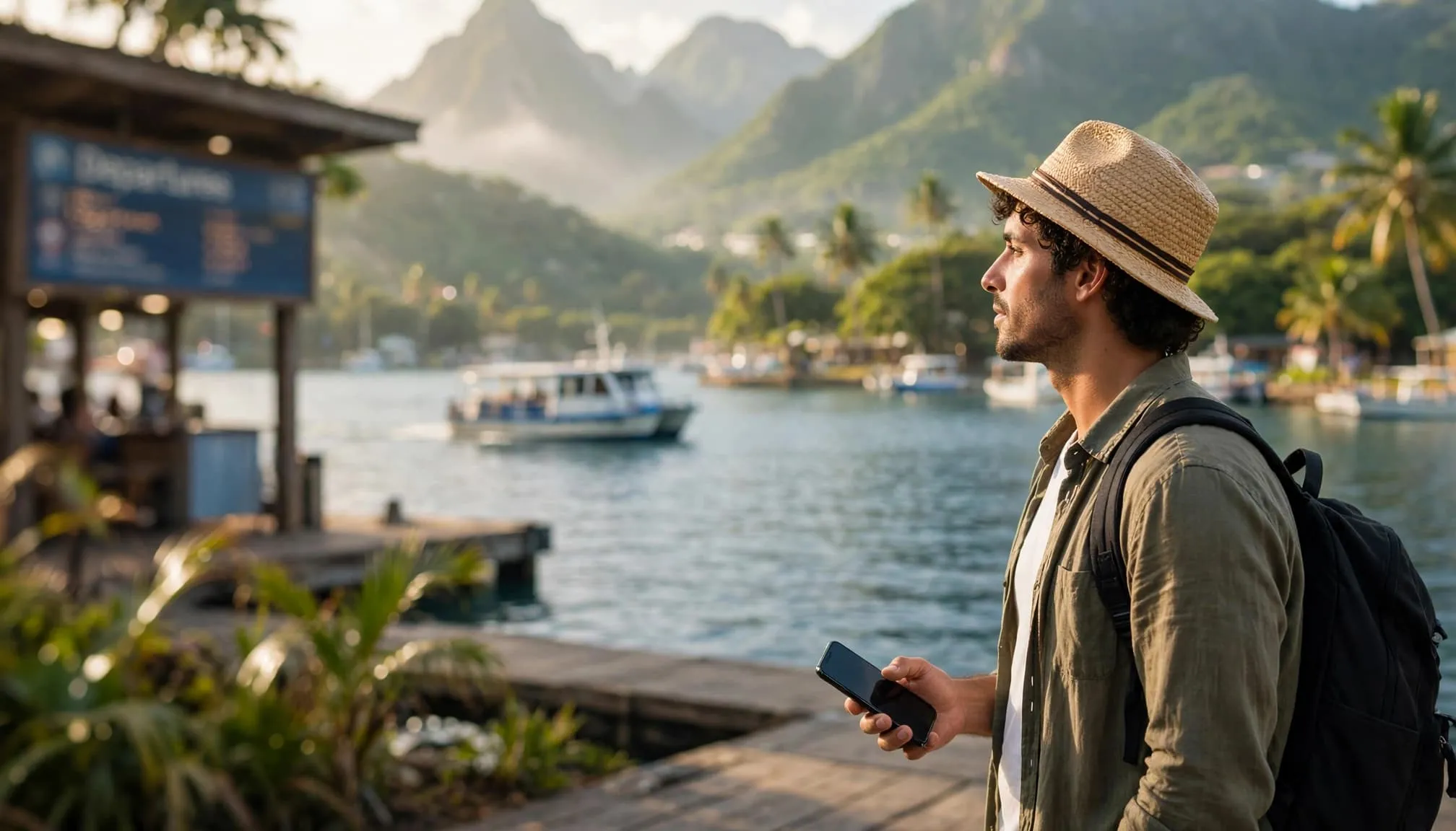 A traveler with a phone looks toward a small ferry across a Caribbean harbor.