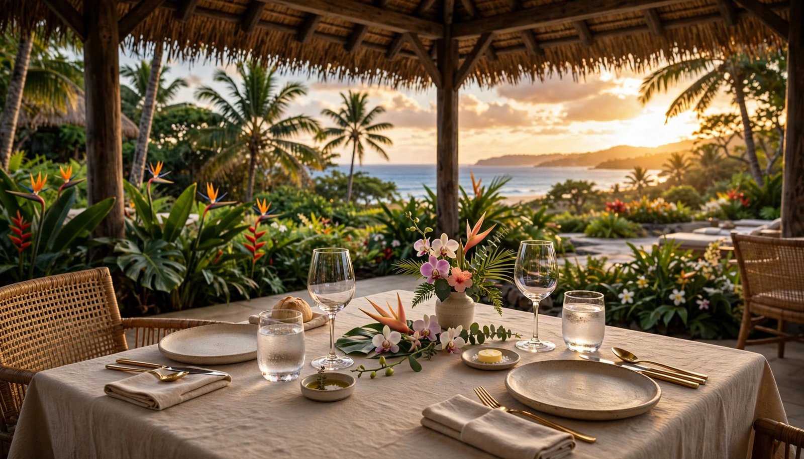 A neatly set table for two at an open-air resort restaurant overlooking a tropical sunset and ocean.