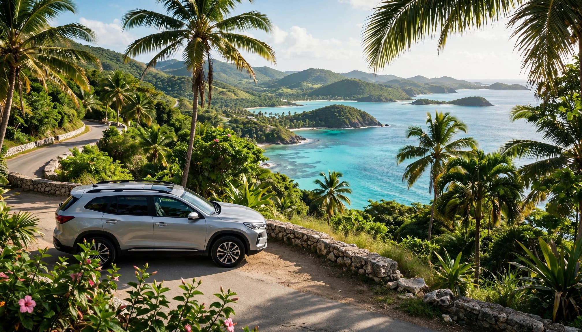 A silver SUV parked at a scenic roadside overlook above a turquoise bay and lush tropical hills.