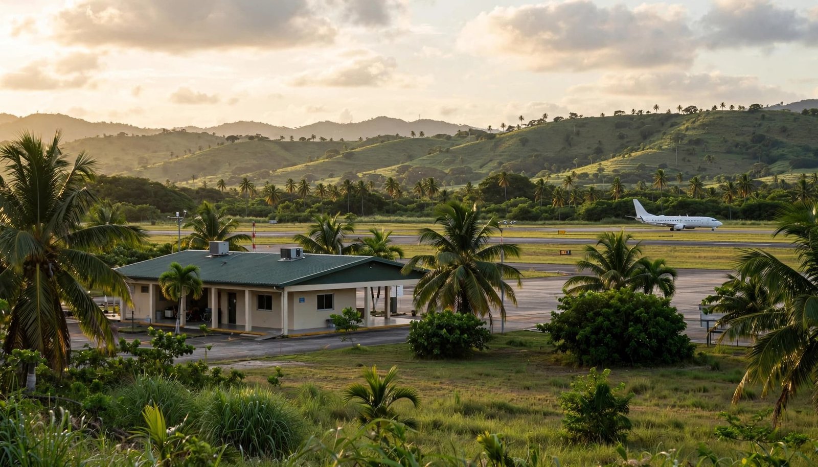 A tropical airport terminal with a distant plane, palms, and green hills.