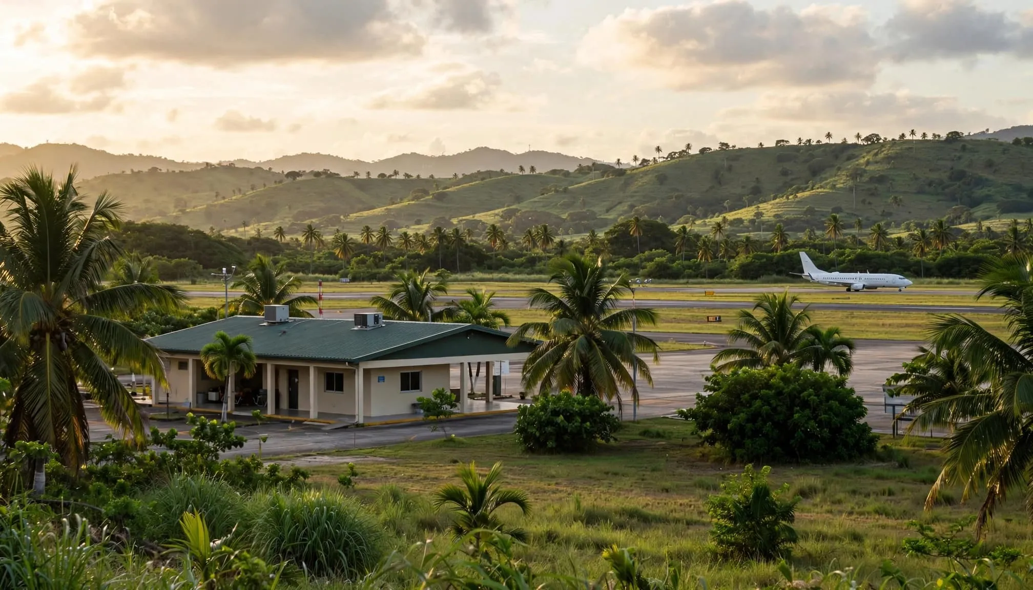 A tropical airport terminal with a distant plane, palms, and green hills.
