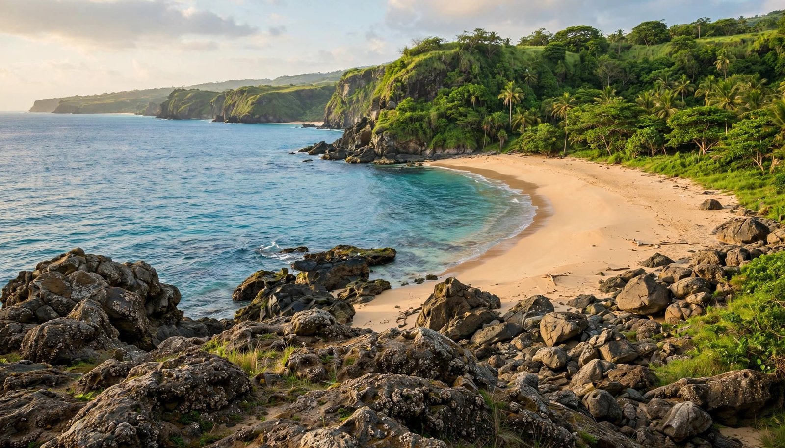 Rocks overlook a sandy cove, turquoise sea, and green headland in Tobago.