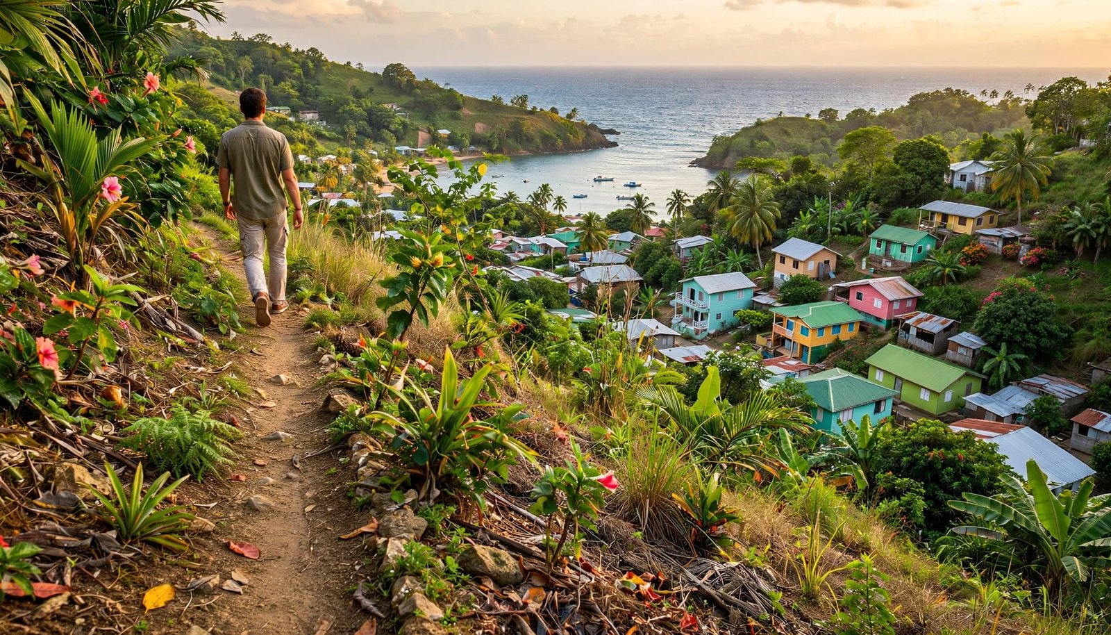 A traveler walks above a Tobago village with greenery and ocean in view.