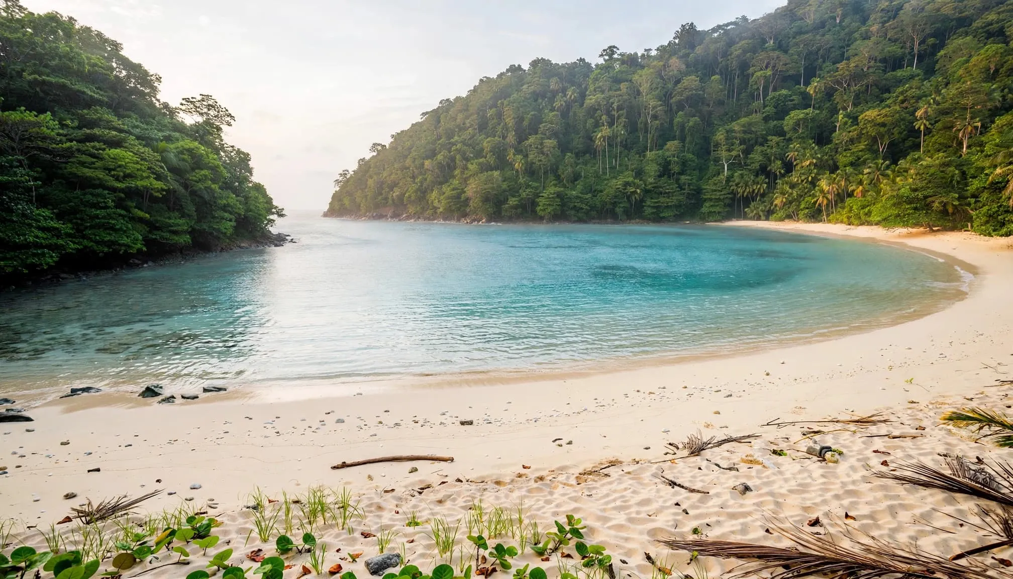 An empty pale-sand beach meets turquoise water beneath forested hills.
