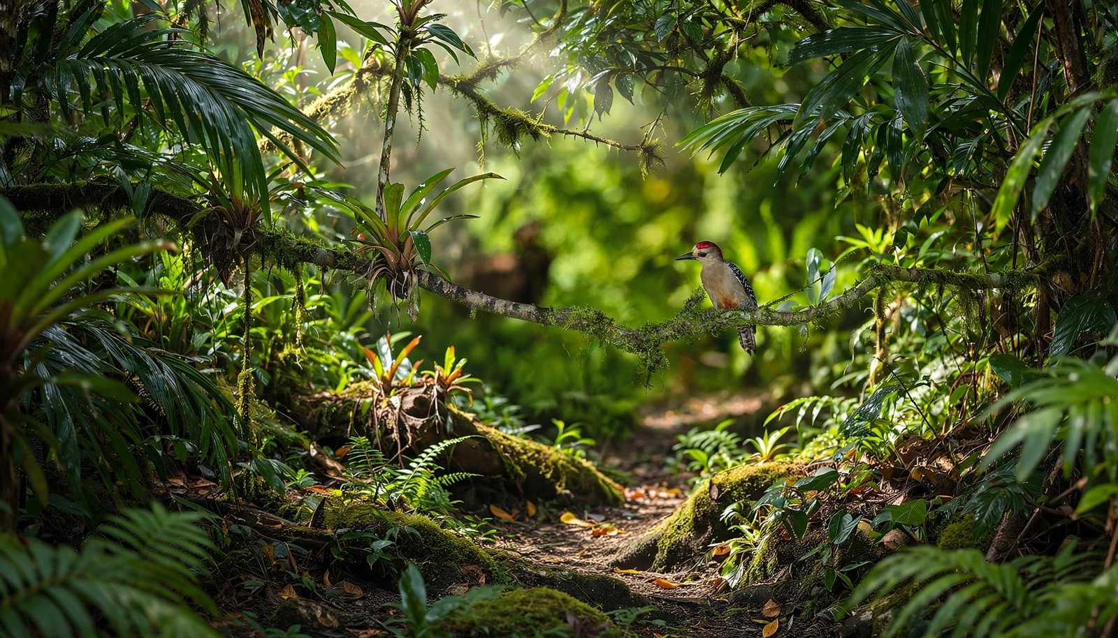 A bird perches above a shaded trail in a leafy rainforest.