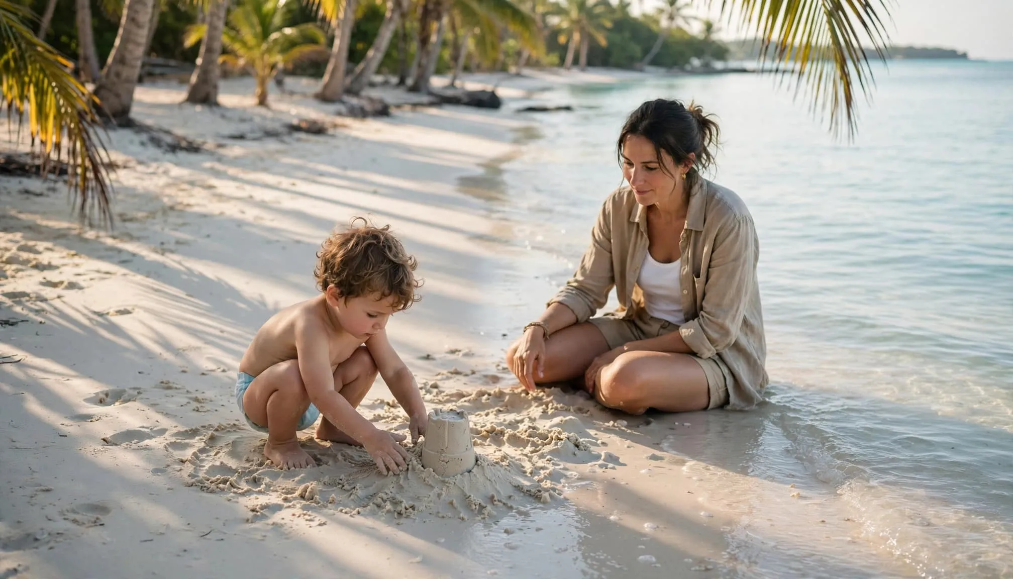 A toddler builds a sandcastle as an adult watches beside calm turquoise water.