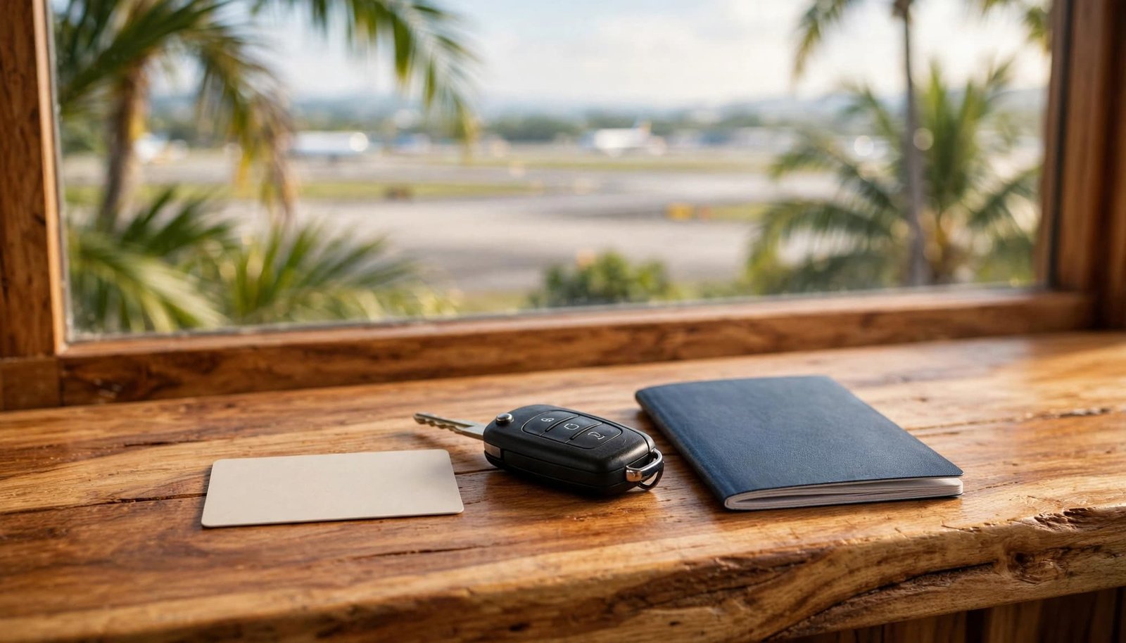 A credit card, car key fob, and passport on a wooden counter with a runway view.