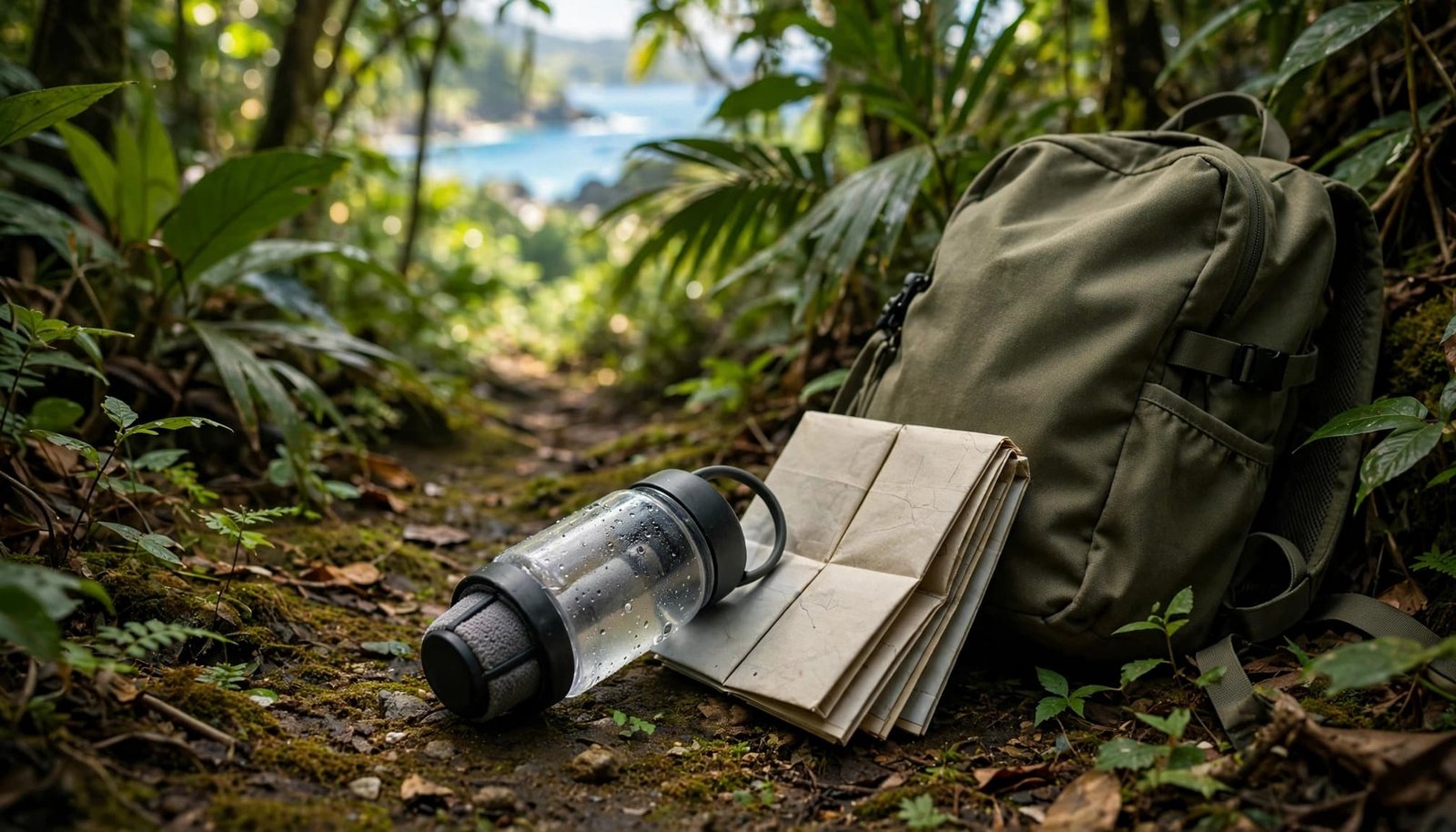 A water bottle and folded map rest on a dirt path next to a backpack in a lush forest.