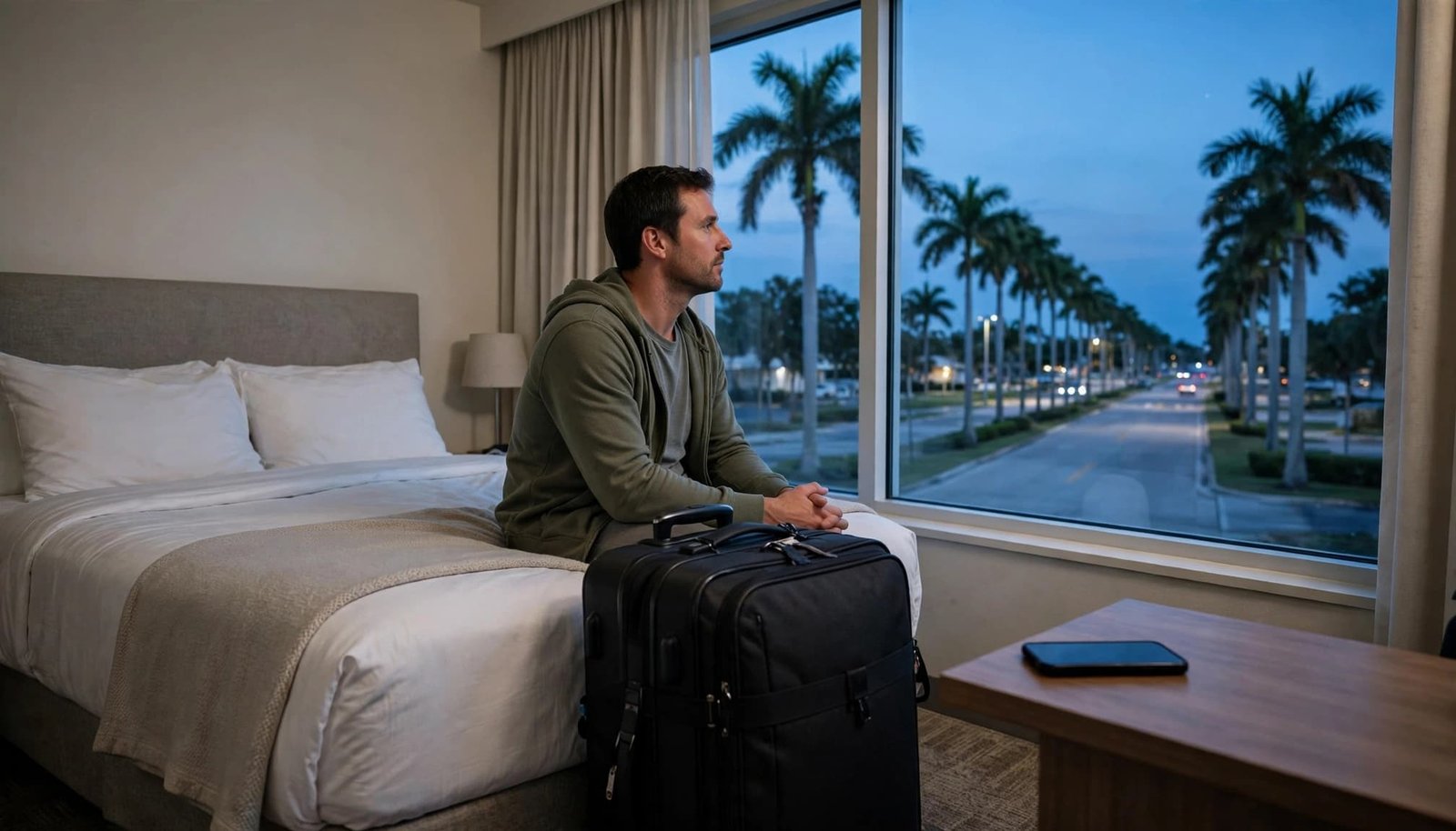 A traveler sits beside a packed suitcase and looks toward a palm-lined road at dusk.